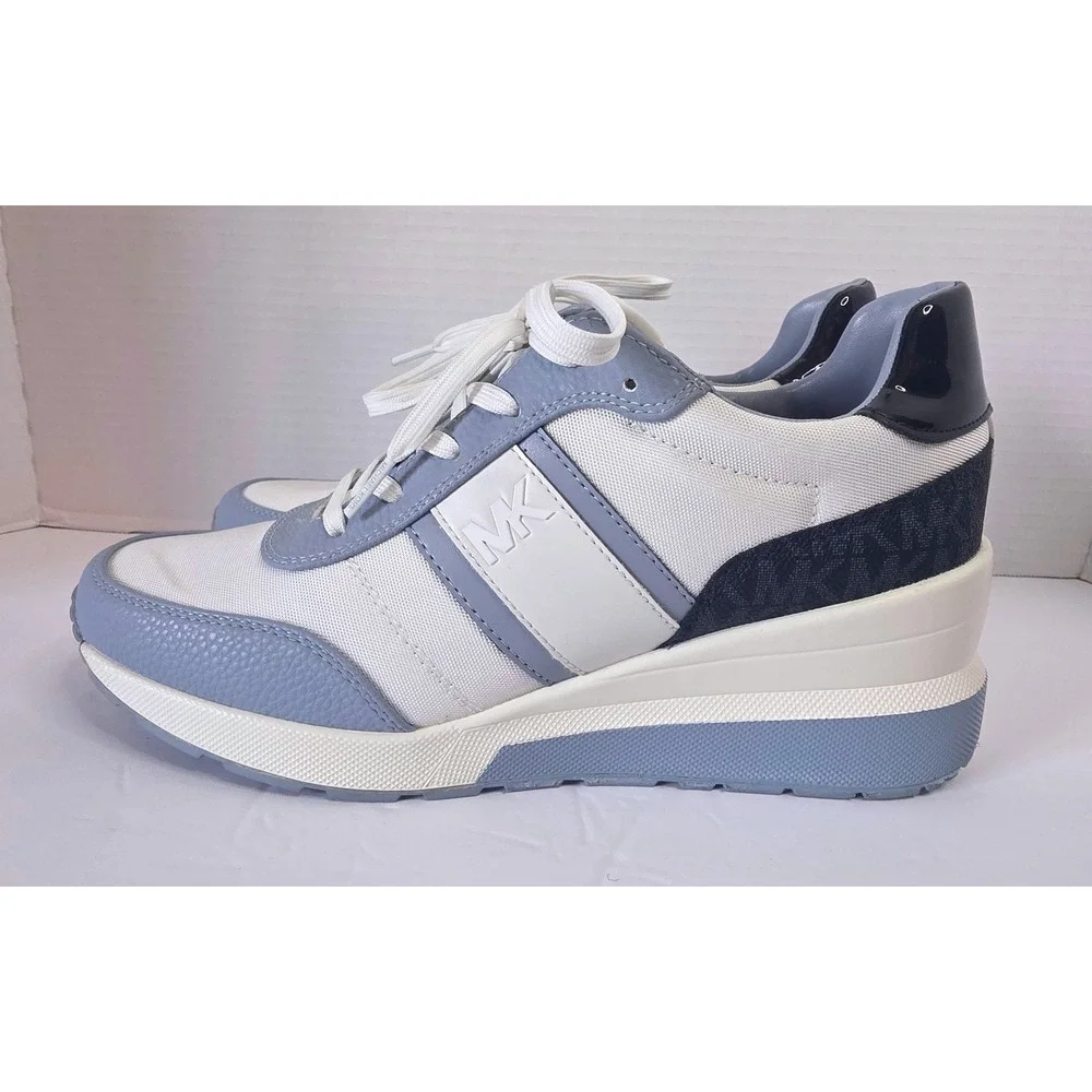 Michael Kors Georgie Wedge Sneakers Blue White MK Logo Shoes 9.5M Worn 1X